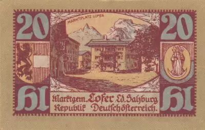 �sterreich 20 Heller 1921 - Man and Woman, mountain village - City of Lofer