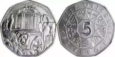 �sterreich 5 Euros - Sch�nbrunn Zoo - Silver- 2002 - Under plastic, without cardboard case.
