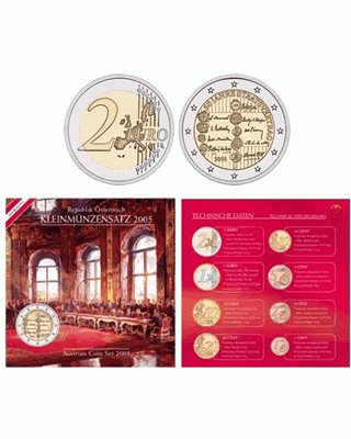 &Ouml;sterreich EURO Coin Set - 1 Cent to 2 Euros - 2005 - State Treaty