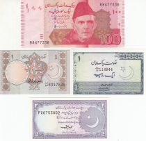 Pakistan Série de 4 billets du Pakistan - 1 à 100 Rupees