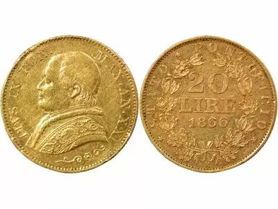 Papal States Pius IX - 20 Gold Lire - 1866 R Rome, Year XXI