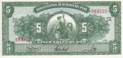 P�rou 5 Soles de Oro 1966 - Banco Central de Reserva del Per� - S�rie J115