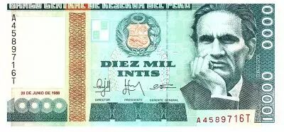 Peru 10000 Intis - C. Vallejo - Santiago de Chuco - 1988 - UNC - P.140