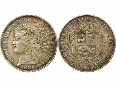 Peru 5 Silver Pesetas - 1880 Lima