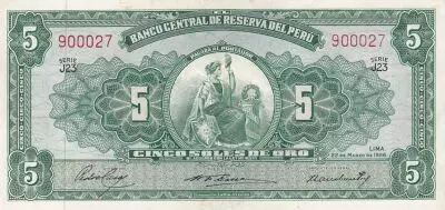 Peru 5 Soles, Liberty - 1956 - Serial J23