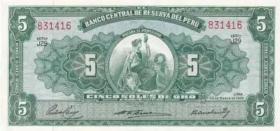 Peru 5 Soles, Liberty - 1956 - Serial J29