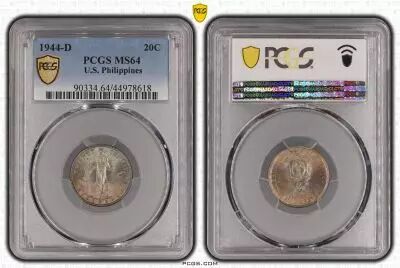 Philippines 20 Centavos, Femme et forge - 1944 D - PCGS MS64