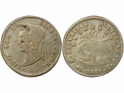 Pi�ce Bolivien 4 soles Silber Simon Bolivar 1856 PTS Potosi