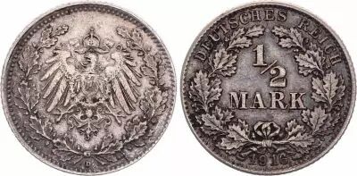 Pi�ce Deutschland 1/2 mark Silber 1916 D Munich