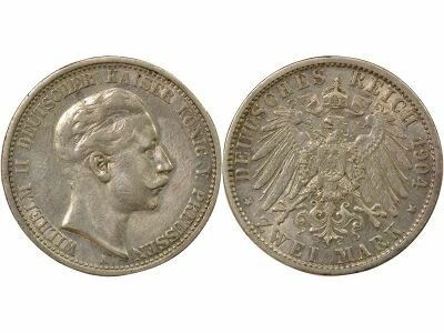 Pi�ce Etats Allemands (Prusse) 2 mark Plata Guillaume II de Prusse 1904 A Berlin