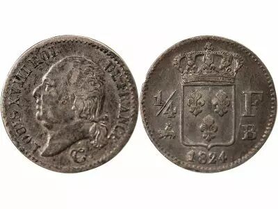 Pi�ce France 01-avr franc Silver Louis XVIII 1824 B Rouen