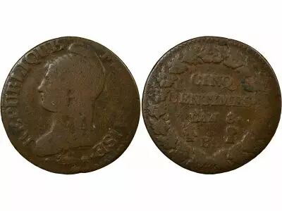 Pi�ce France 5 centimes Copper L\'AN 8 BB Strasbourg