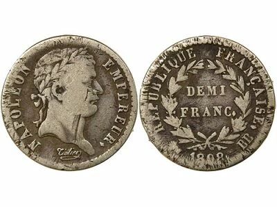 Pi�ce Francia 1/2 franc Plata Napol�on Ier, Empereur de France, Roi d\'Italie 1808 BB Strasbourg