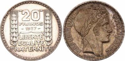 Pi�ce Francia 20 francs Plata 1937 A Paris