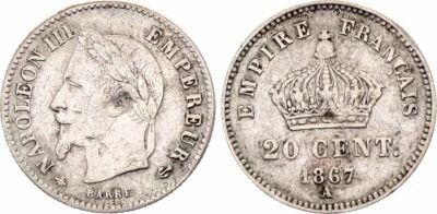 Pi�ce Frankreich 20 centimes Silber Napol�on III 1867 A Paris