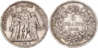 Pi�ce Frankreich 5 francs Silber 1849 K Bordeaux