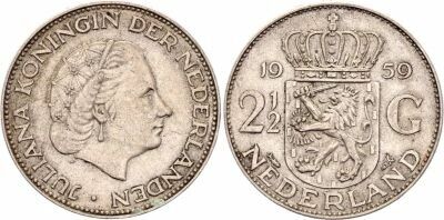 Pi�ce Netherlands 2.5 gulden Silver Juliana 1959 Utrecht