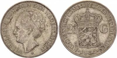 Pi�ce Netherlands 2.5 gulden Silver Wilhelmina I 1930 Utrecht