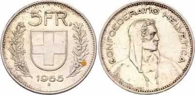 Pi�ce Svizzera 5 francs Argento 1965 B Bern