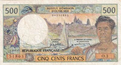 Polinesia Francesa 500 Francs - Coastal landscape of the Marquesas Islands - Uvea Island in the Loyalty Islands - ND (1970-1992)