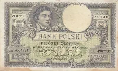 Polonia 500 Zlotych - T. Kosciuszko - Crowned Eagle - 28-02-1919 - Serial S.A.4967287