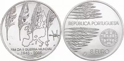 Portogallo 8 Euros - 60th anniversary of the end of the WWII - 2005 - Argent