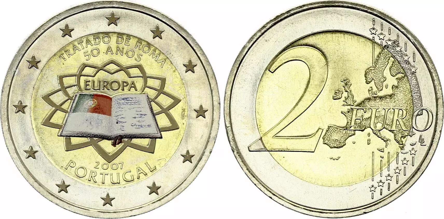Pièce Portugal 2 Euros Traité de Rome Colorisée 2007