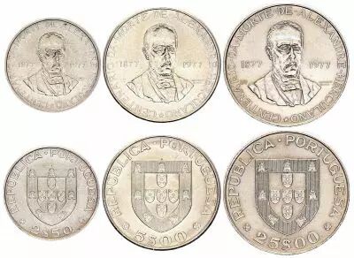 Portugal S�rie 3 pi�ces - 2.5, 5, 25 Escudos - Alexandre Herculano - 1977