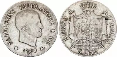 Reino de Napol�on 5 lire Napoleon I 1808 M Milan - Silver - KM.10