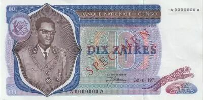 Rep�blica Democr�tica del Congo 10 Zaires Pr�s. Mobutu, leopard - 1971