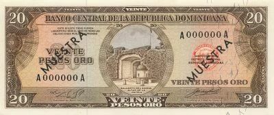 R�publique dominicaine 20 pesos Oro - ND (1964) - Muestra - P.102s1