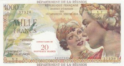 R�union 20 NF on 1000 Francs - Two women\'s faces - 1964 - Overprinted - Series V.2