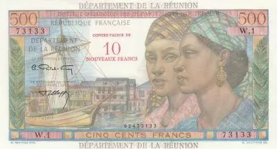 R�union 500 Francs on 10 NF - 2 women - Farm carts - 19(67-71) - Series W.1