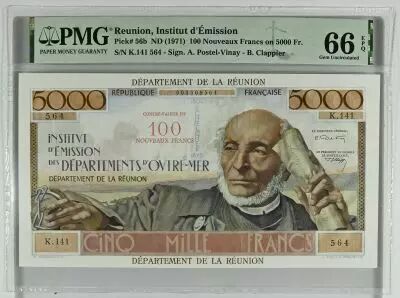R�union 5000 Francs - Schoelcher - Overloaded  100 NF - 1967 - Serial K.141 - PMG 66 EPQ