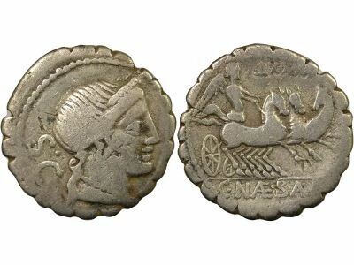 Roma Republic Gens Naevia, Balbus - Silver Serrated Denarius, with Triga - 79 BC Rome