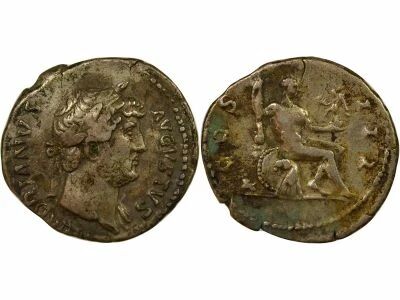 Roman Empire  Hadrian - Silver Denarius, Seated Hercules - 126 Rome