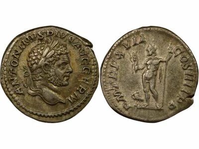 Roman Empire Caracalla - Denarius, Standing Jupiter & Eagle - 214 Rome