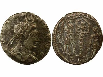 Roman Empire Constans - Nummus, Soldiers & Standard with Chrism - 337 / 338 Lugdunum