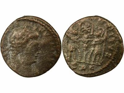 Roman Empire Constantine I - Nummus, Soldiers & Standard with Chrism - 337 Lugdunum