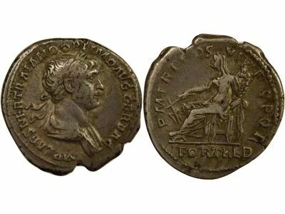 Roman Empire Trajan - Fouree Denarius, Seated Fortuna - 116 Rome