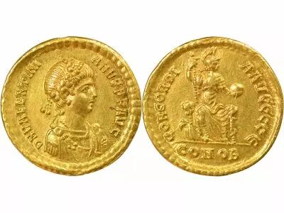 Roman Empire Valentinian II - Gold Solidus, Seated Concordia - 388 / 392 Constantinople