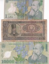 Romania Lot 3 Billets - 1, 25 & 10000 Lei - Varieties years - VG to F