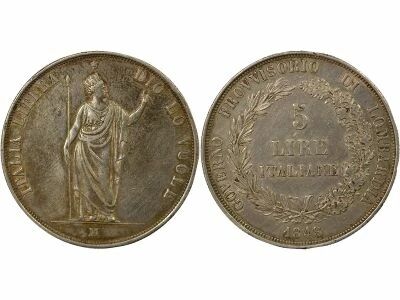 Royaume de Lombardie Provisional Government - 5 Silver Lire - 1848 M Milan