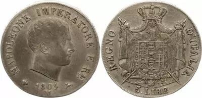 Royaume de Napol�on 5 lire Napol�on I - 1809 M Milan - Argent
