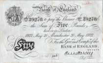 Royaume-Uni 5 Pounds Impr. noire - Manchester 1922 - Sig Harvey