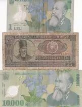 Rumania Lot 3 Billets - 1, 25 & 10000 Lei - Varieties years - VG to F
