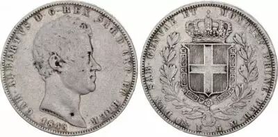 Sardaigne 5 Lire Charles-Albert - Armoiries - 1843 P
