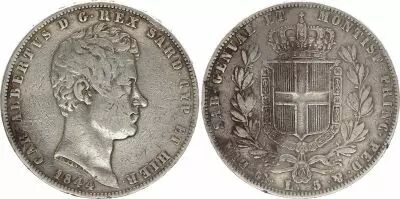 Sardaigne 5 Lire Charles-Albert - Armoiries - 1844 P G�nes - Argent - KM.130