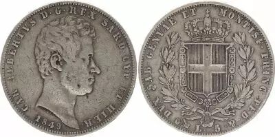 Sardaigne 5 Lire Charles-Albert - Armoiries - 1849 P G�nes - Argent - KM.130