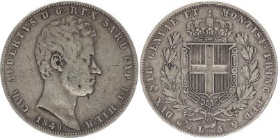 Sardaigne 5 Lire Charles-Albert - Armoiries - 1849 P Gnes - Argent - KM.130